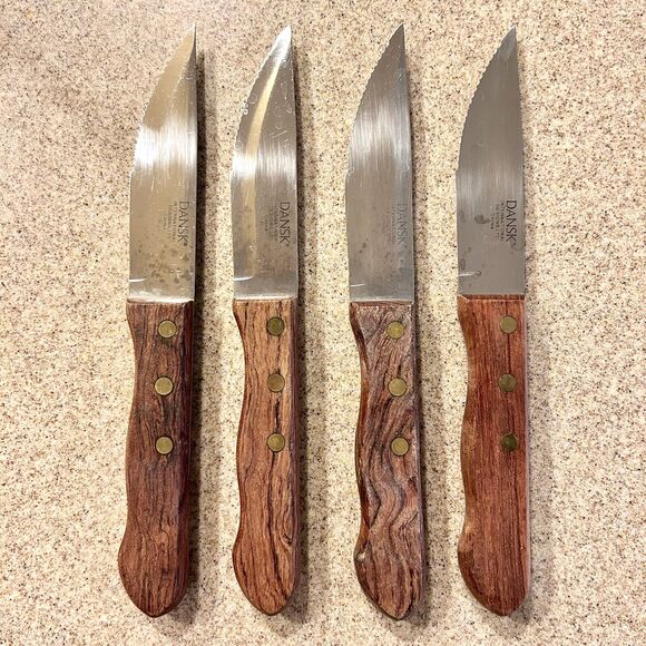 Vintage DANSK 10" Wood Handle Serrated Steak Knife Knives Set of 4 - Picture 1 of 6
